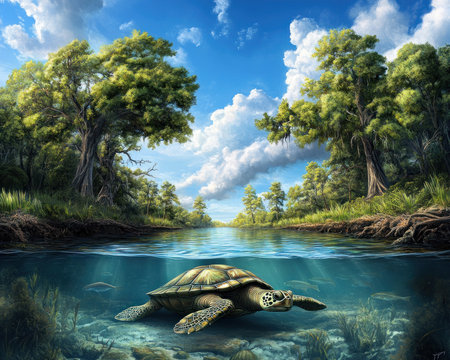 Immerse yourself in a vibrant wetland ecosystem teeming with turtles, fish, and birds High-resolution imagery showcases their harmonious coexistence, highlighting the beauty and importance of wetland conservation Explore the intricate details of this thriving habitat, a testament to nature's delicate balance AI Generativeの素材