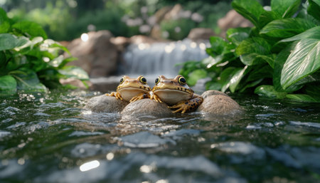 Restored wetlands thrive, teeming with frogs, birds, and diverse plants Clean water and protection have fostered a flourishing ecosystem, showcasing successful conservation This vibrant habitat highlights the vital role of preserving natural water sources for amphibians and birds, a testament to sustainable environmental management AI Generativeの素材