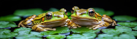 A serene wetland scene depicts two resting frogs amidst lush aquatic plants This captivating image highlights the crucial role of amphibians in maintaining biodiversity The frogs' peaceful posture and intricate plant details showcase the delicate balance of a thriving wetland ecosystem, emphasizing the importance of habitat preservation AI Generativeの素材
