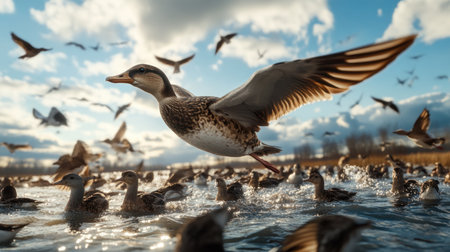 Witness the breathtaking spectacle of seasonal migration in a vibrant wetland ecosystem Migratory birds and fish, showcasing nature's dynamic interplay, undertake their annual journeys Observe the stunning avian and aquatic life in their natural environment, highlighting the richness and fragility of these vital habitats AI Generativeの素材