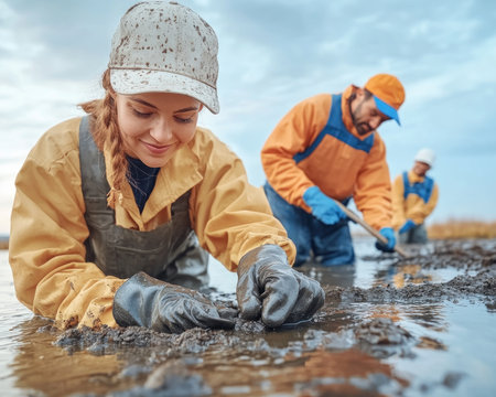 Dedicated wetland restoration workers meticulously measure water levels, showcasing vital conservation Their precise work preserves crucial ecosystems, protects biodiversity, and mitigates climate change Images highlight their commitment to sustainable resource management and long-term wetland health, embodying responsible environmental stewardship AI Generativeの素材