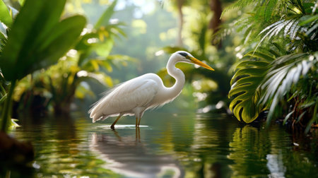 A graceful heron wades in a pristine wetland stream, a testament to successful habitat restoration Lush aquatic plants thrive in crystal-clear water, showcasing biodiversity and ecological balance This nature photograph captures the serene beauty of a thriving, conserved ecosystem, highlighting the success of environmental stewardship AI Generativeの素材