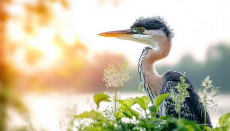 A majestic heron stalks fish in a vibrant, restored wetland at sunset This stunning image embodies wildlife sustainability and ecosystem protection The heron's hunt highlights the delicate balance of a thriving habitat, showcasing the success of conservation efforts and the importance of wetland biodiversity AI Generativeの素材