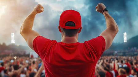 A man in a vibrant red shirt and hat triumphantly raises his arms amidst a cheering crowd Stadium lights pierce the dark, cloudy backdrop This powerful image embodies cancer support and awareness, showcasing strength and inspiring others He proudly shares this moment of resilience and victory AI Generativeの素材