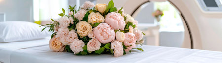 A tranquil radiation therapy space focuses on patient comfort Pastel flowers soften the medical setting, where a bed and CT scanner are subtly present The scene conveys gentle care during treatment, with calming colors enhancing the peaceful atmosphere AI Generativeの素材