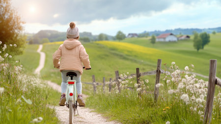 A young girl cycles a dirt trail, bathed in sunlight, radiating resilience and empowerment Distant storm clouds contrast with her determined climb, symbolizing hope and freedom This image captures a journey of strength, where challenges break into sunshine, inspiring outdoor adventures AI Generativeの素材