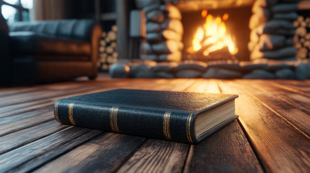 Experience a cozy Friendship Day evening by the fire Friends share dreams and memories in a warm, inviting scene A book rests gently on the wooden floor, bathed in the fireplace's magical glow Feel the comfort and connection in this peaceful moment, perfect for celebrating friendship AI Generativeの素材