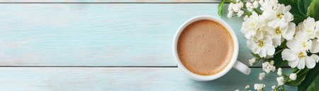 A warm coffee cup and delicate white flowers grace a light blue wood surface, reminiscent of a heartfelt "thank you" card This image exudes simple elegance, perfect for invitations, notes, or sharing joy It inspires with its gentle beauty, lending itself well to motivational quotes or heartfelt messages AI Generativeの素材