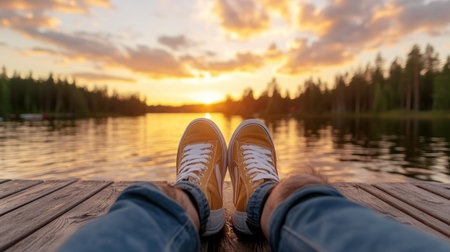 Witness a couple's serene sunset escape on a dock Feet dangling over tranquil water, they share a tender moment during golden hour This romantic scene, filled with care and peaceful relaxation, captures the beauty of nature on a wooden pier Discover this and similar images of quiet bliss AI Generativeの素材