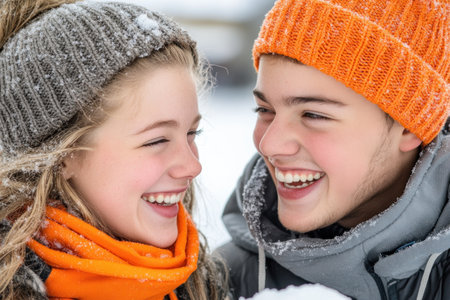 Two friends, scarves bright orange against the snow, build a snowman, laughter echoing in the crisp air This heartwarming scene captures their empathy and bond, a pure joy amidst winter fun Close connections, shared activity, and a snowy landscape combine to create a picture of pure happiness and warm friendship AI Generativeの素材