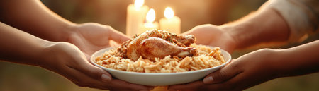 Candlelight illuminates a shared meal, two faces glowing with joy as they offer chicken and rice This scene embodies generosity, comfort, and the beauty of connection It celebrates warmth and togetherness through simple pleasures, transforming an ordinary meal into an unforgettable moment AI Generativeの素材