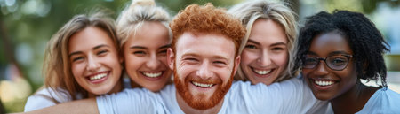 A vibrant photo captures friends in a joyful group hug, their smiles radiating warmth and connection Diverse individuals unite, showcasing genuine love, support, and togetherness This powerful image embodies close relationships, happiness, and belonging Perfect for celebrating friendship and community, it's a visual testament to the strength of bonds AI Generativeの素材