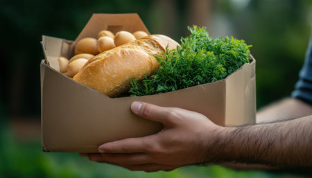 This image captures a heartwarming act of kindness: friends assembling care packages for the homeless Hands tenderly hold a box overflowing with bread, eggs, and greens, symbolizing nourishment and support The scene embodies community efforts, showcasing altruism and the impact of practical assistance on those in need AI Generativeの素材