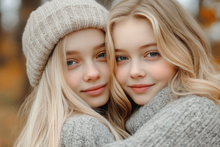 This heartwarming autumn scene captures the pure connection between two friends Two beautiful young women, adorned in matching sweaters and hats, share a soulful embrace Their bond radiates warmth and unconditional love, making it ideal for a friendship card, a social media post or a message of support It's a AI Generativeの素材