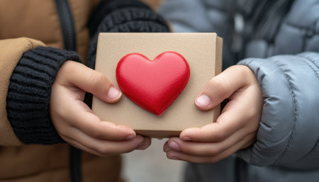 Witness a touching scene: friends gifting handmade cards, radiating affection and kindness The red heart symbolizes deep love and sincere warmth This precious moment captures the joy of giving, showcasing the powerful, meaningful bonds of friendship that transcend words Celebrate the beautiful connections we share AI Generativeの素材