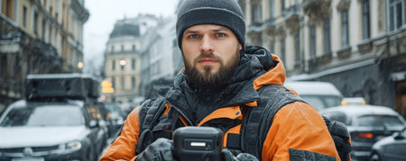 A delivery worker with a handheld device embodies modern urban logistics Navigating busy streets, they showcase the efficiency of technology in today's delivery process The image highlights the seamless interaction between person and device, emphasizing the speed and reliability crucial for prompt, tech-driven deliveries AI Generativeの素材