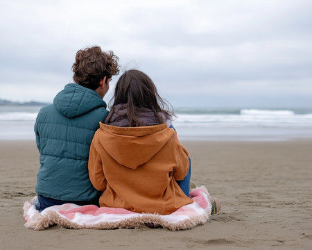 Two friends find solace on a chilly beach, sharing a blanket as gentle waves lap the shore This peaceful coastal scene captures a quiet moment of connection, highlighting the serene beauty of friendship and empathy It's a tranquil reminder of togetherness and the calming power of the ocean AI Generativeの素材