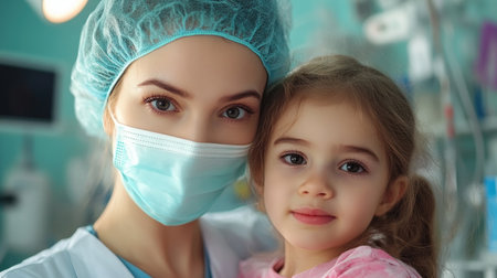 A nurse's gentle embrace comforts a child during a vaccination, embodying compassion and trust This image highlights the vulnerability in healthcare and the vital role of empathy It captures a tender moment of reassurance, showcasing hope and healing in a medical setting It's a picture of gentle support AI Generativeの素材