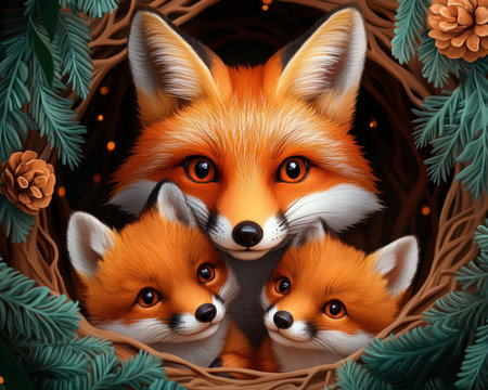 Witness the gentle nurture of a mother fox in her cozy den, bathed in warm light This serene image captures the heart-warming beauty of maternal love in nature It s a perfect portrayal of familial bliss and quiet moments in wildlife, showing the sweet bond between a mother and her cubs AI Generativeの素材