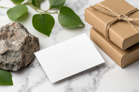 Showcase your designs with elegant stationery mockups featuring a message card and bright typography This minimalist scene includes gifts wrapped in craft paper, a natural stone and green leaves, creating an earth-toned, modern aesthetic Perfect for branding your personalized cards, invites or greetings with an organic feel AI Generativeの素材