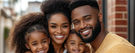 This heartwarming family portrait shows four individuals sharing a group hug under soft golden light Their bright smiles and genuine affection radiate kindness and love The image, bathed in natural lighting and warm tones, beautifully captures their close family dynamic It's a display of togetherness with a genuine feel AI Generativeの素材