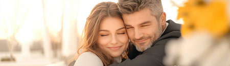 This image captures a loving couple embracing outdoors, showcasing their deep emotional bond and mutual respect It's a timeless photo highlighting intimacy and connection, perfect for visually representing affection, relationships, and genuine moments of tenderness AI Generativeの素材