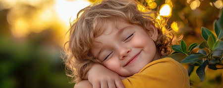 This heartwarming image captures a child's innocence, embraced in a comforting hug under a soft golden sky Bathed in warm golden hour light, it evokes feelings of security and peace The gentle embrace and blurred background highlight the child, creating a serene, captivating scene of love and care AI Generativeの素材