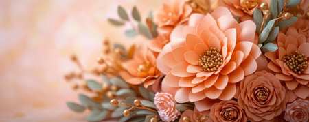Unveil artistry with this handmade card showcasing layered paper flowers in delicate peach tones Its intricate design adds elegance to any occasion Perfect for expressing sentiments or enhancing a stationery collection, this card exemplifies meticulous crafting and sophisticated aesthetics AI Generativeの素材