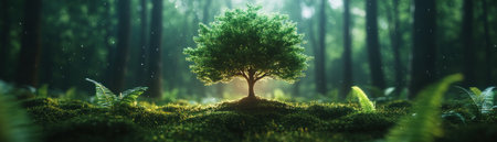 Immerse yourself in a serene night forest, where a glowing tree radiates appreciation and positivity Ethereal light creates a magical atmosphere, evoking peace and wonder This captivating landscape showcases nature's luminous beauty, inspiring with its powerful, glowing centerpiece AI Generativeの素材