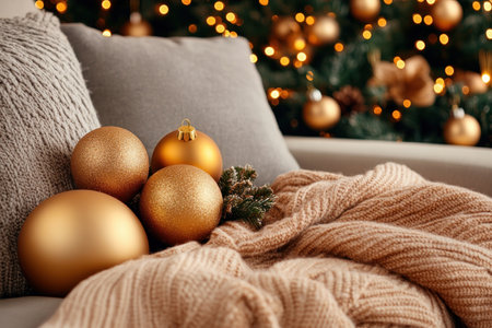 Create a magical family holiday with unique decorations Capture seasonal accents and warm connections using festive gold ornaments, soft throws, and twinkling Christmas lights Design a cozy, inviting space where love and tradition enhance cherished moments, making your holidays truly memorable AI Generativeの素材