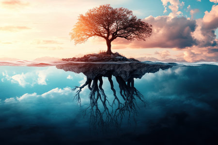 Discover a surreal landscape where a glowing tree's intertwined roots embody appreciation, respect, and motivation Bathed in a beautiful sunset, this solitary tree exemplifies natural art and life's interconnectedness, offering tranquility Witness the magic in this unique scene, a testament to nature's unusual beauty AI Generativeの素材