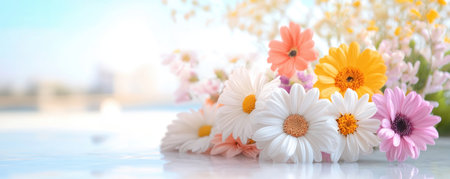 Embrace the unique charm of a custom handmade card showcasing bold floral patterns and vibrant textures A mix of white, yellow, pink, and peach daisies capture spring's essence against a soft, dreamy background This refreshing image is perfect for design and greeting card inspiration, or a truly special gift AI Generativeの素材