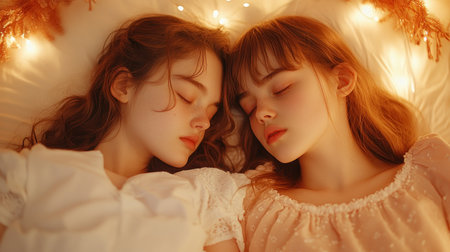 Two figures sleep peacefully side-by-side, bathed in soft, warm light Though resting, the scene conveys a deeper comfort, portraying friendship and mutual solace during a challenging time Similar features and hairstyles suggest a close bond, while the gentle atmosphere highlights empathy and support It's a snapshot of nurturing connection AI Generativeの素材