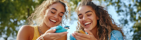 Witness the beauty of friendship in this image of two friends exchanging keepsakes Genuine smiles and shared stories capture their deep connection Their laughter echoes the joy of meaningful gifts and lasting memories This scene celebrates the power of shared experiences and heartfelt bonds, a testament to the beauty of AI Generativeの素材