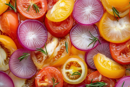 This image captures the vibrant beauty of classic vegetable pizza toppings Bright red, yellow, and purple tomatoes and radishes are artfully arranged on a golden crust The close-up shot evokes a warm, rustic feel, highlighting the freshness of the ingredients, perfect for food blogs and social media AI Generativeの素材