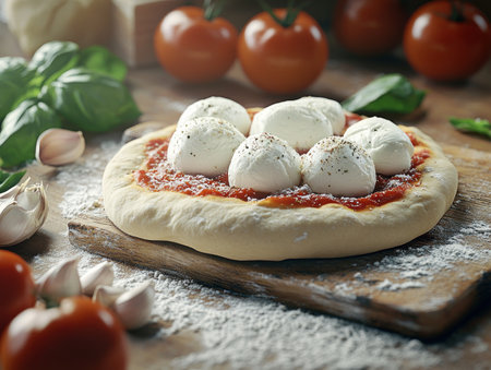 Capture the essence of Italian pizza making: vibrant tomatoes, fresh dough, creamy mozzarella, and aromatic basil artfully arranged on a wooden board This rustic scene, perfect for food blogs and magazines, highlights the beauty and simplicity of homemade pizza From farm to table, it embodies deliciousness and family tradition AI Generativeの素材
