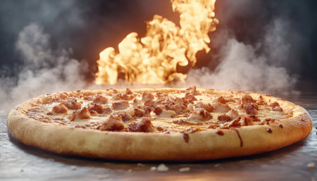 Indulge in culinary perfection: a high-resolution image of a steaming pizza Golden, crispy crust, melted cheese, and gourmet toppings create irresistible appeal Fiery flames dance in the background, evoking authentic cooking Ideal for food blogs, menus, and social media, this visual treat will tantalize your audience AI Generativeの素材