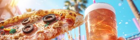 Dive into a lively pizza party! Friends laugh, snack, and sip drinks amidst vibrant energy A gooey, cheesy slice and refreshing beverage steal the show This scene captures casual fun, inspiring you to host your own unforgettable gathering filled with laughter and delicious moments AI Generativeの素材