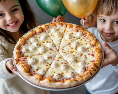 Capture the joy of a birthday pizza party! Kids beam with smiles, holding pizza with colorful balloons floating behind them Find festive snacks for happy children in this vibrant setting Laughter, joy, and amazing party food make this a perfect celebration Happy kids, pizza, and balloons are ready to party! AI Generativeの素材