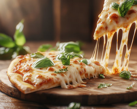 This image captures the irresistible allure of pizza Bubbling cheese and fresh basil adorn a slice, creating a mouthwatering scene The melty cheese pull and vibrant colors pop against a rustic wood background, making it perfect for ads This savory, warm presentation will tempt any audience with its deliciousness AI Generativeの素材