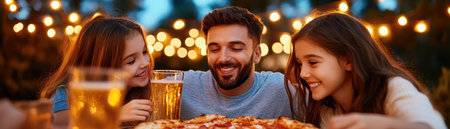 Experience the warmth of a family pizza party under twinkling string lights Laughter fills the air as loved ones share stories and delicious food Refreshing drinks accompany cherished moments of connection, making this a truly memorable evening of togetherness and joy AI Generativeの素材