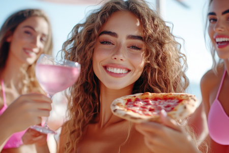 National Pizza Day bursts with joy in this sunny party scene! Friends laugh, raise pink drinks, and devour pizza slices This dynamic image captures the essence of friendship and celebration, showcasing an unforgettable feast of good food and great company It s a visual treat of fun and deliciousness! AI Generativeの素材