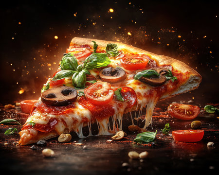 Feast your eyes on a perfect, triangular pizza slice! Crispy crust cradles vibrant toppings: fresh basil, juicy tomatoes, savory mushrooms, and pepperoni, all beneath melted cheese Baked to golden-brown perfection, this high-definition image captures culinary delight, ideal for food blogs, menus, and pizza aficionados AI Generativeの素材