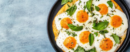 Savor a delightful flatbread with a golden, cheesy crust, topped with perfectly cooked eggs and fresh herbs This breakfast pizza alternative offers a flavorful experience with bubbly mozzarella and aromatic herbs A culinary masterpiece, baked to perfection for an exquisite morning treat AI Generativeの素材