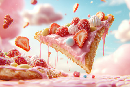 Dive into a vibrant world of pizza with this unique slice! A crunchy triangle boasts sweet strawberries, creamy meringue, and colorful candies atop a pink base This culinary creation, perfect for sharing, is a masterpiece of food photography for social media and anyone seeking foodie inspiration AI Generativeの素材