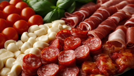 Celebrate National Pizza Day with this delicious close-up! Fresh, vibrant gourmet toppings like tomatoes, mozzarella, salami, and prosciutto are beautifully arranged, ready to elevate your homemade pizzas This culinary masterpiece promises amazing flavor combinations, a feast for the eyes and the palate AI Generativeの素材