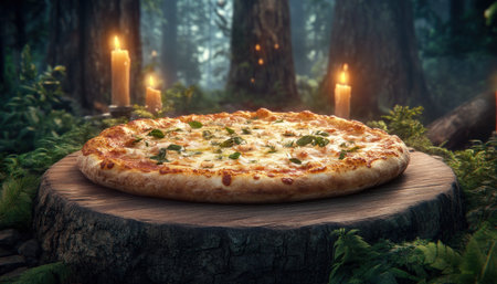 A rustic wooden platter showcases a crispy-crust pizza, adorned with fresh herbs and vibrant toppings The savory aroma fills a candlelit forest scene, creating a captivating and mouthwatering image Ideal for culinary blogs and social media, the pizza's golden crust and inviting toppings promise an irresistible treat AI Generativeの素材