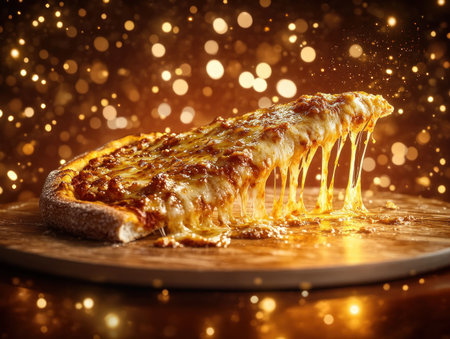Savor a hot pizza slice: golden, melted cheese blankets a crispy artisan crust, a fresh and irresistible delight This mouthwatering image captures a perfect pizza, visually captivating with its vibrant, fresh ingredients and expertly baked base A truly tempting scene for food lovers Perfect meal AI Generativeの素材