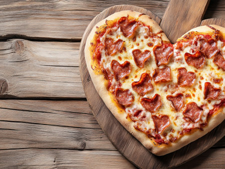 Celebrate National Pizza Day with a romantic twist! This heart-shaped pizza, adorned with pepperoni on a rustic board, blends love and food Perfect for promotions or Valentine's Day, this artistic image offers culinary inspiration and a craving for a delicious slice Enjoy this delightful take on a classic! AI Generativeの素材