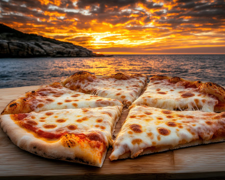 Indulge in this captivating close-up of a hot pizza slice, oozing with stringy cheese Golden crust, vibrant sauce, and melted cheese create a mouthwatering scene Set against a stunning ocean sunset, this appetizing image combines delicious food photography with breathtaking natural beauty Imagine the taste of each perfect slice AI Generativeの素材